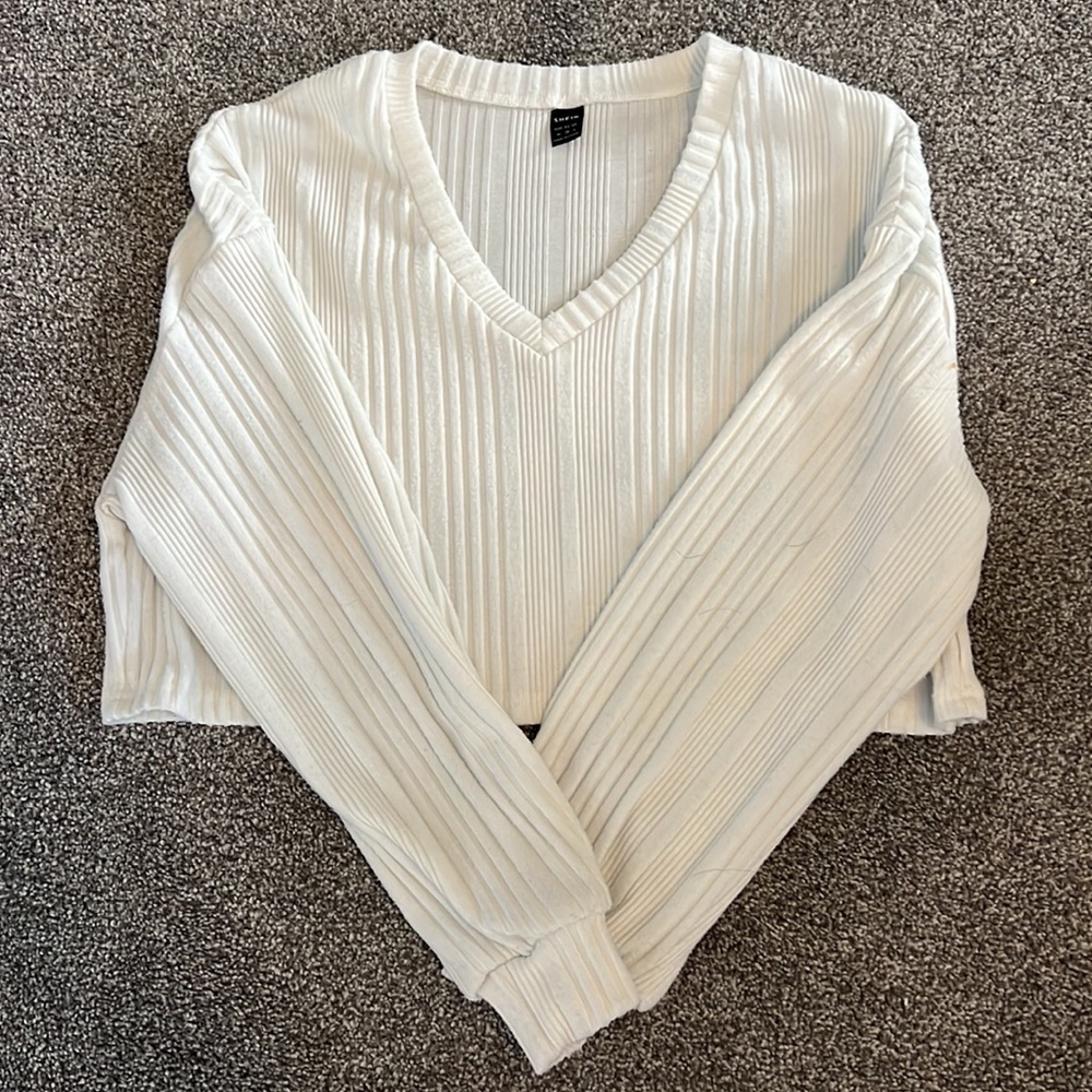 cute cropped white sweater with striped pattern design, perfect for fall/winter